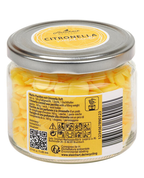 Citronella-Pastillen im Schraubglas Gelb mit Dochte und Dochthalter