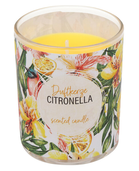 Citronella Kerze im Glas mit Banderole "Tropical" Gelb 79 x Ø 65 mm