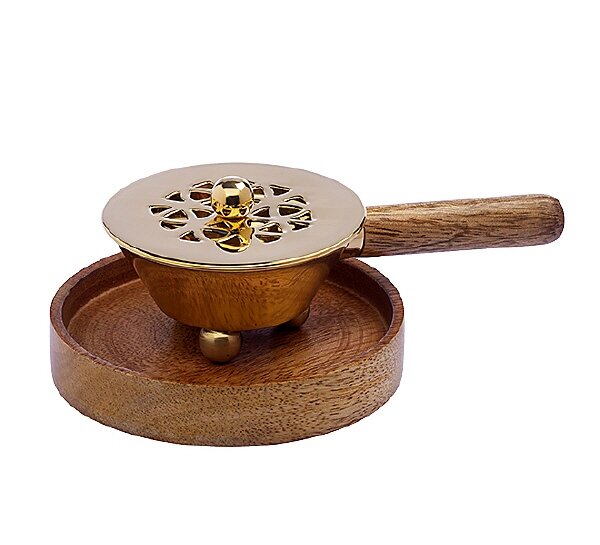 Räucherpfännchen aus Messing Gold mit Stiel und Untersetzer aus Holz